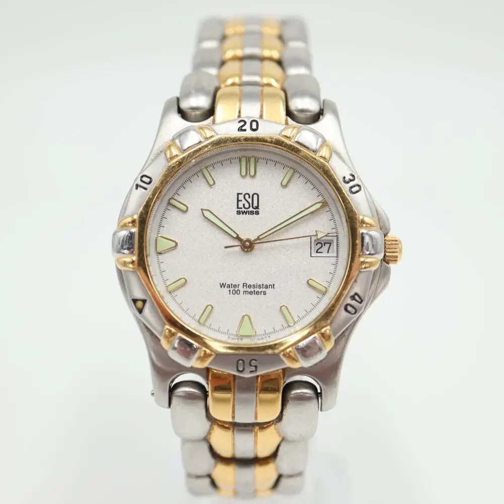 ESQ Swiss Watch Men 36mm Two Tone Date Glitter Dial Stainless Steel New Battery